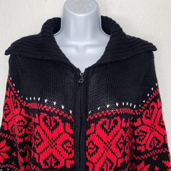 ABBIE MAGS Women's Christmas Knit Sweater Front Zip Tasseled Black/Red Size S/P - Picture 5 of 13